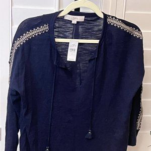 NWT LOFT Navy  Tassel Tie Neck Tunic Sweater-M